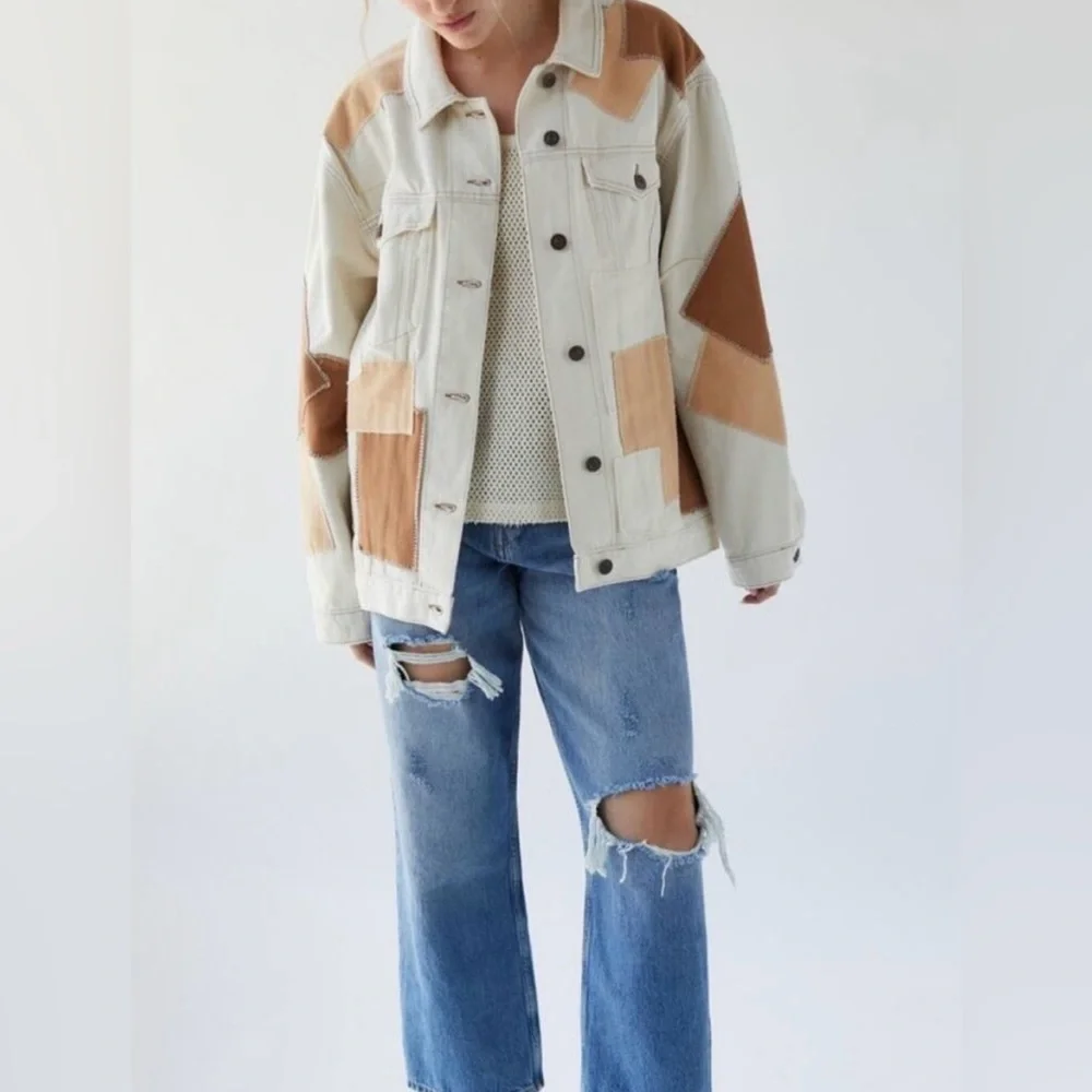 BDG Patchwork Denim Oversized Trucker Jacket Off White Tan. Size Medium. - Picture 1 of 13